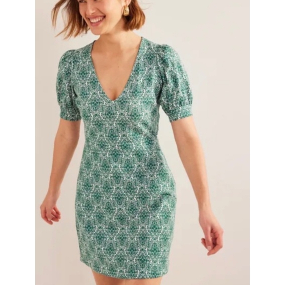 Boden Jersey V-Neck Puff Sleeve In Bottle Green
